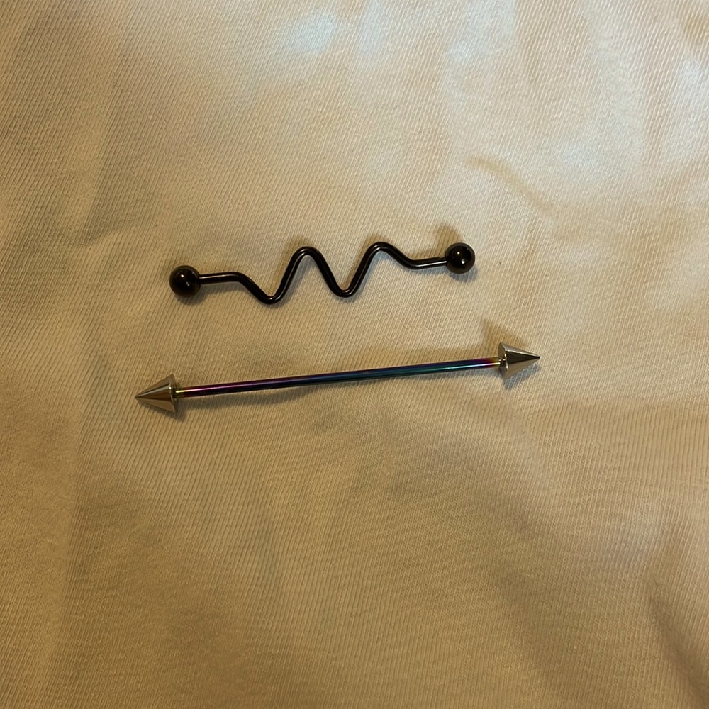 Barbells for industrial piercings.
